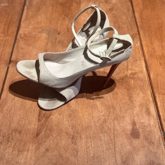 Beige Linen Peep-Toe High Heels with Ankle Strap - Sz 40 - Picture 2 of 8